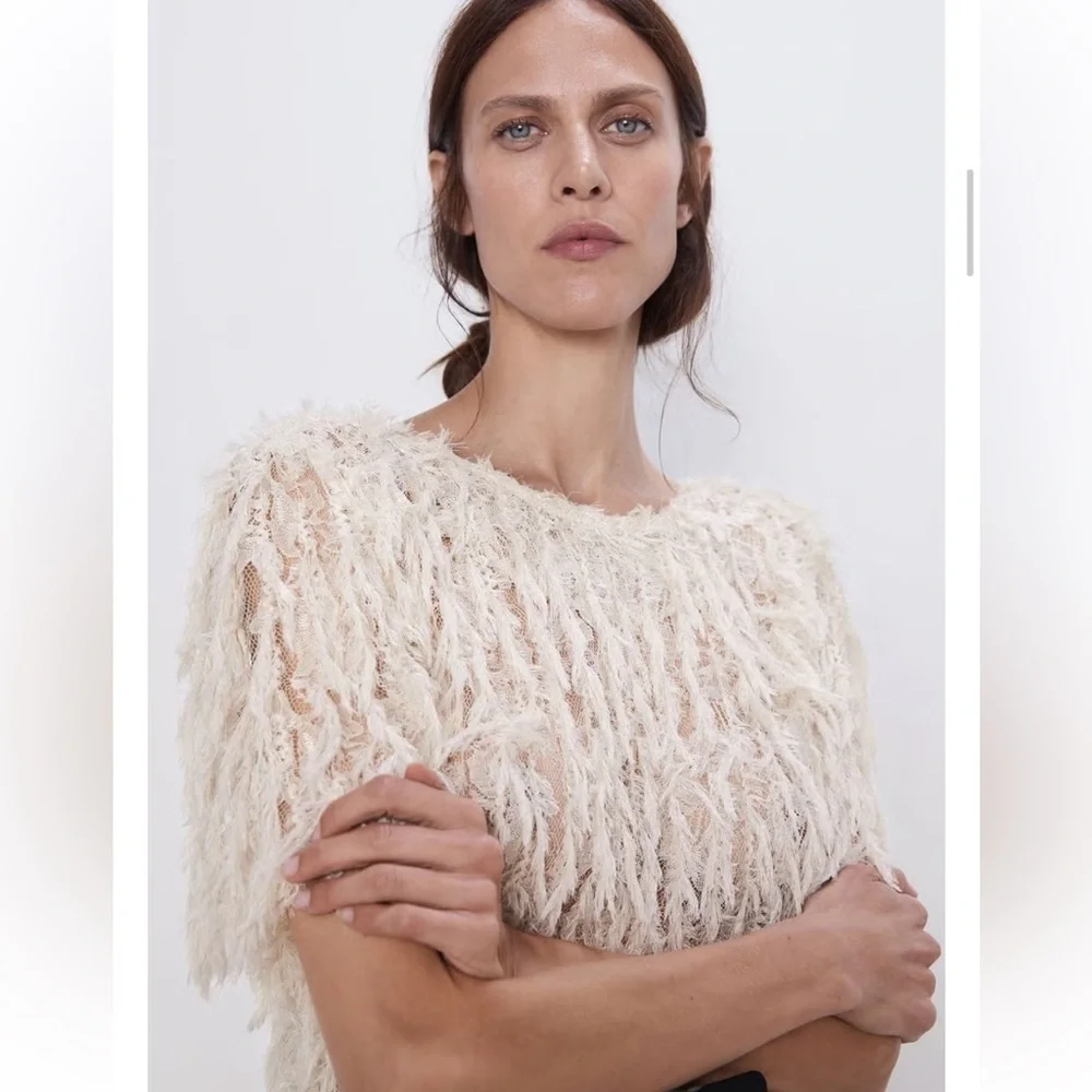 Zara Cream Textured Fringe Short-Sleeve Top Size M
